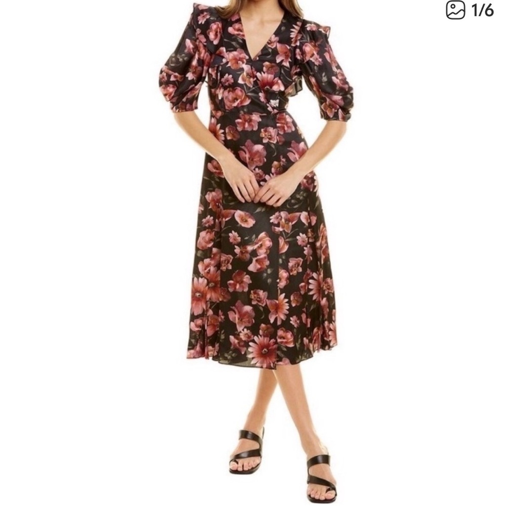 The Kooples Black Floral Puff Sleeve Satin Silk Midi Dress| M